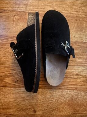 Corkys Women's Black Suede Buckle Clogs